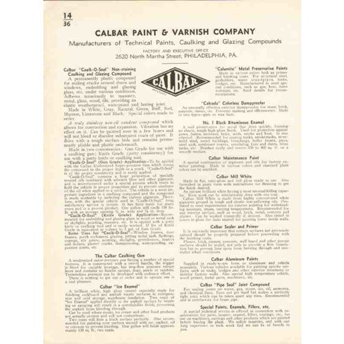 calbar paint varnish company 1936 caulking glazing vintage catalog
