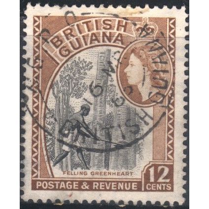 British Guiana 1954 - SG338a - 12c black & brown - Felling Greenheart - used