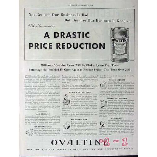THE WANDER COMPANY 1934 OVALTINE drastic price reduction vintage ad