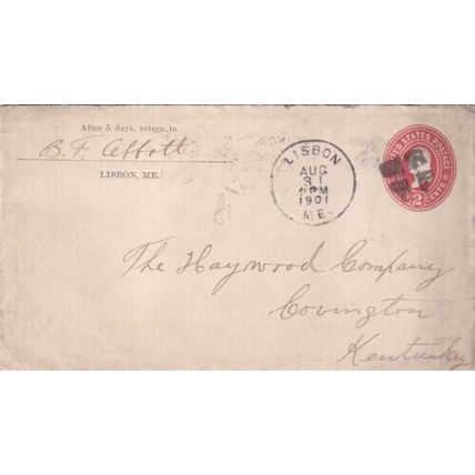 United States 1901 Lisbon MAINE-Covington KY Cover VGC Lisbon cancel written VGC