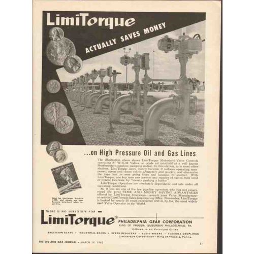 PHILADELPHIA GEAR CORP 1962 LimiTorque oil gas line control vintage ad