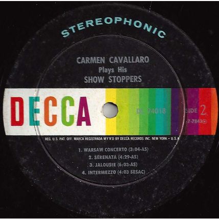Decca LP# DL-74018 - Carmen Cavallaro "Plays His Show Stoppers" GREAT PIANO!