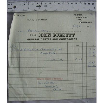 1979 invoice John Burnett, carter & contractor, Leek