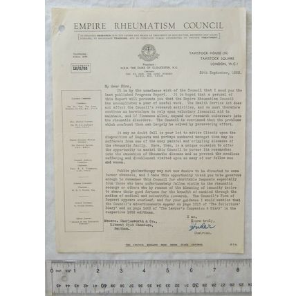1952 letter Empire Rheumatism Council, London re Progress Report