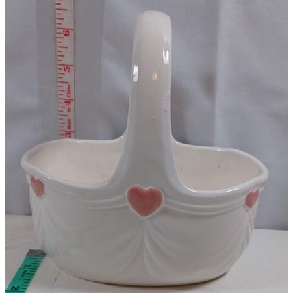 Vintage FTDA White Gathered/Draped Ceramic Basket with Handle & Pink Hearts 1985