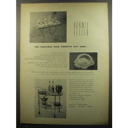 1953 Bonwit Teller Ad - Breakfast Set; Afternoon Tea Basket and Portable Bar