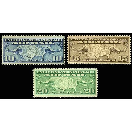 1926 U.S. Map and Mail Planes Airmail Set of Three VF Stamps Mint NH