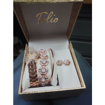Lady’s FOLIO Rose Gold Analog Watch, Layered Bracelet and Earring Gift Set