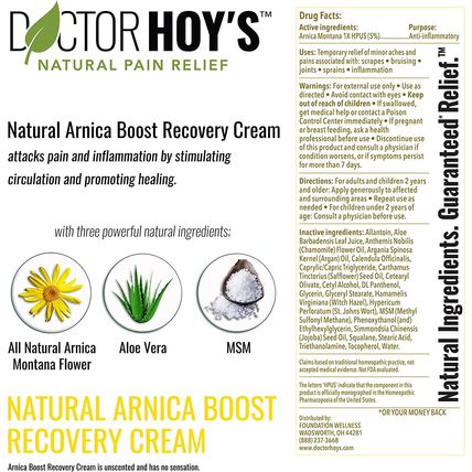 Doctor Hoy's Natural Arnica Boost Recovery Cream-3 FL OZ-NEW-SEALED-FAST SHIP
