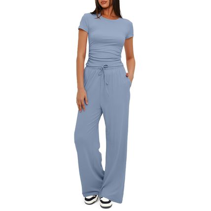 2pcs Solid Color Casual Sports Yoga Suit Short-sleeved Top And High-waisted Draw