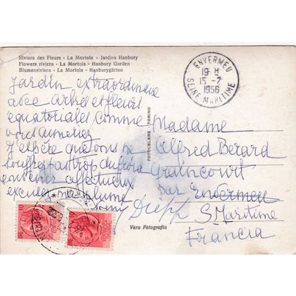 Martola Giardini Hanbury Italy Postcard posted 1956 edge damaged