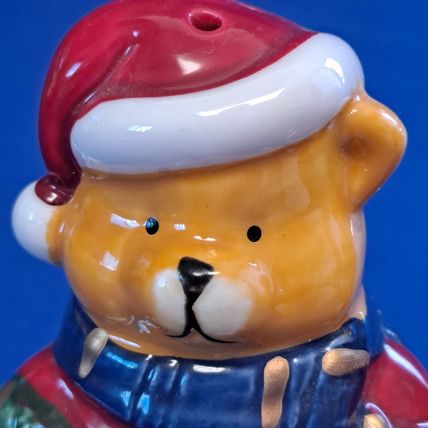 Christmas BEAR SALT & PEPPER SHAKER Set Santa Wreath Lantern Holiday 3 1/2"