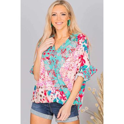 Multicolor Leopard Floral Mixed Print Ruffle Sleeve Surplice Blouse