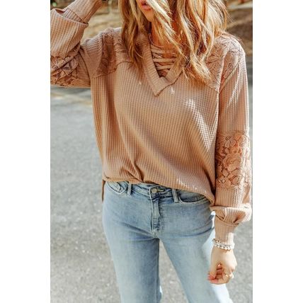 Apricot Lace Waffle Patchwork Strappy V Neck Long Sleeve Top