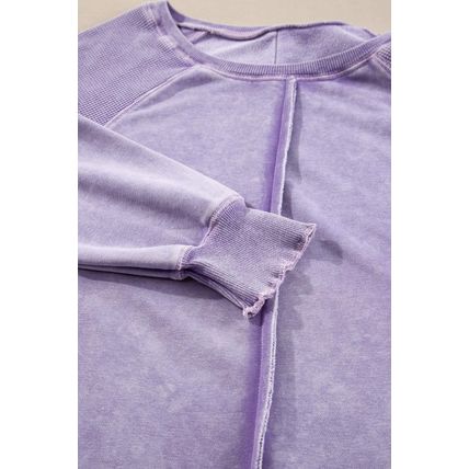 Orchid Petal Solid Waffle Knit Patchwork Raglan Sleeve Sweatshirt