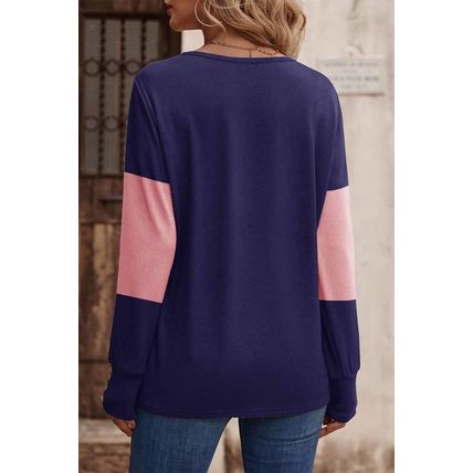 Blue Stripe Colorblock Button Decor Long Sleeve V Neck Top