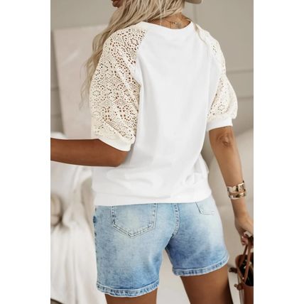 White Lace Crochet Short Sleeve Round Neck T Shirt