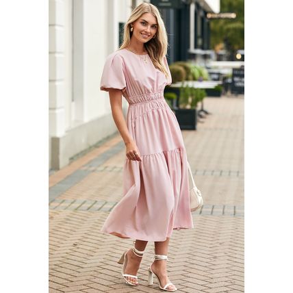 Pink Puff Sleeve Pleated High Waist Flowy Midi Dress