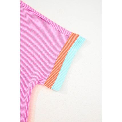 Bonbon Plus Size Color Block Corded Knit Tee and Shorts Set