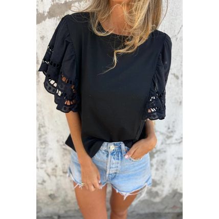 Black Hollow Out Embroidered Short Sleeve O Neck Top