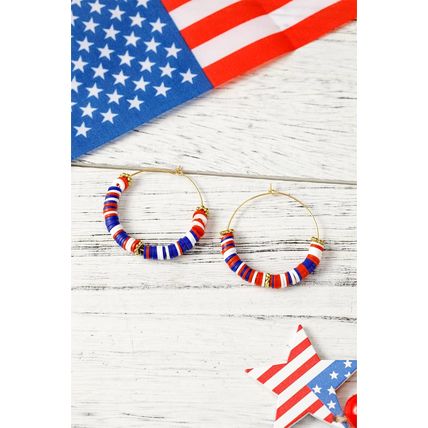 Dark Blue American Flag Inspired Beaded Large Hoop Earrings