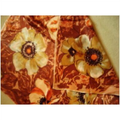 retro vintage 50S IMPRESSIONIST bold flowers BROWN orange rust SILK ROLLED SCARF