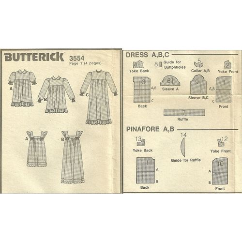 Butterick 3554 Sewing Pattern Toddlers Dress & Pinafore Size 1 2 3 Cut to Size 3