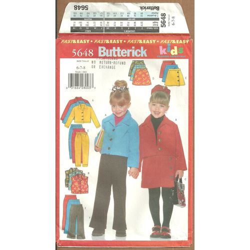 Butterick 5648 Sewing Pattern Childrens/Girls Jacket Vest Skirt Pants Size 6 7 8