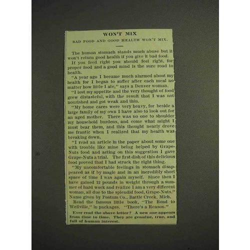1914 Grape-Nuts Cereal Ad - Won't Mix