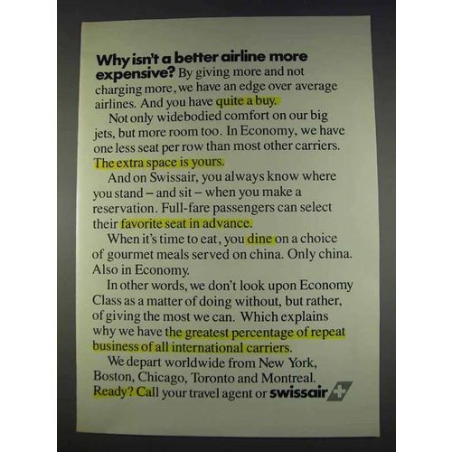 1982 Swissair Airlines Ad - More Expensive