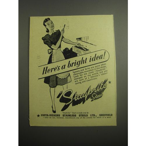 1948 Firth-Vickers Staybrite Steel Ad - Here's a bright idea