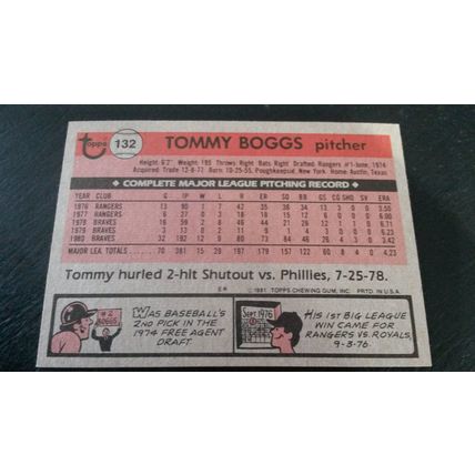 1981 Topps Card # 132 Tommy Boggs Very Good-Excellent (4) Atlanta Braves