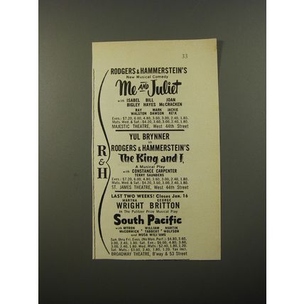 1954 Rodgers & Hammerstein's Plays Ad - The King and I, South Pacific