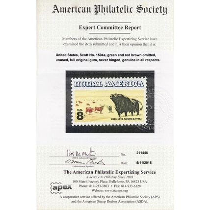 1504a, MNH 8¢ Green & Red Brown Colors Omitted APSCertificate - Stuart Katz