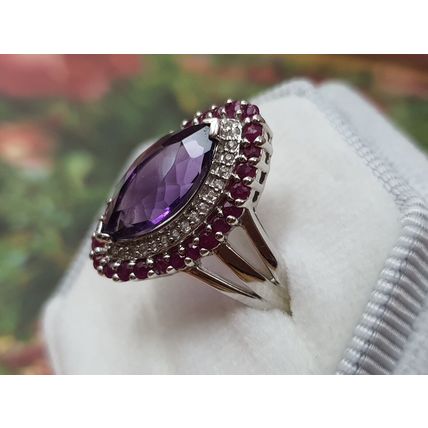 3.7ct Amethyst Burmese Ruby White Topaz Ring Size P½ Rhodium Overlay 925 Silver