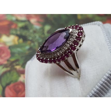 3.7ct Amethyst Burmese Ruby White Topaz Ring Size P½ Rhodium Overlay 925 Silver
