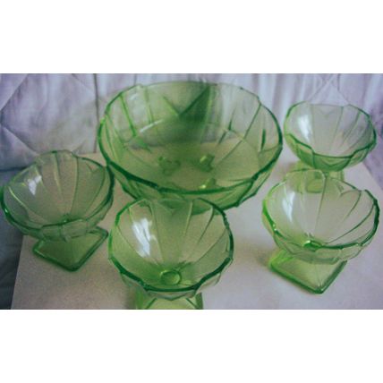Sowerby Art Deco Green Chevron Dessert Serving Bowl & 4 Sundae Dishes