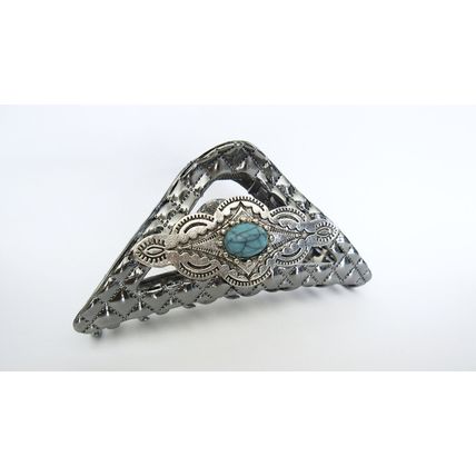 Large dark triangle silver turquoise blue design metal native tribal hair claw