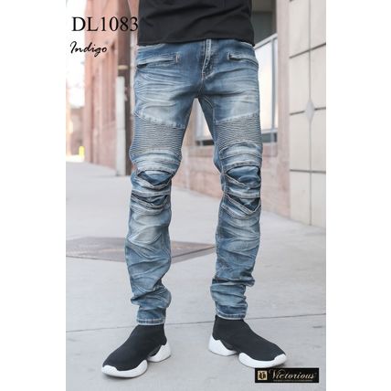 Men Creased Biker Denim Jeans