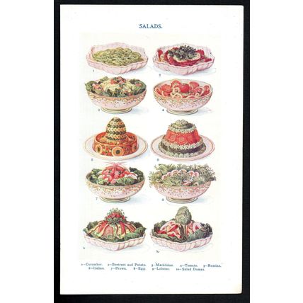 SALADS Macedoine COOKERY - MRS BEETON 1907 CHROMOLITHOGRAPH
