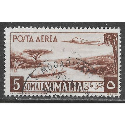 SOMALIA 1950 AIRMAIL 5Sh PLANE OVER RIVER BOAT AIR USED ITALIAN SOMALILAND