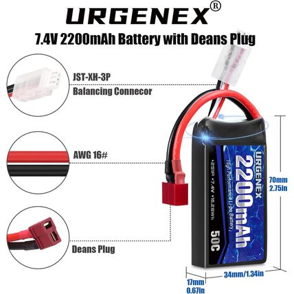 URGENEX 7.4V 2200Mah Lipo Battery 50C(Burst 80C) High Discharge Rate RC Batterie