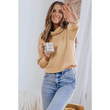 Apricot Solid Waffle Knit Turtleneck Long Sleeve Top