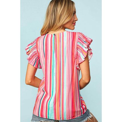 Stripe Abstract Print Stitching Ruffle Sleeve Blouse