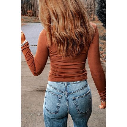 Brown Ribbed Peekaboo Cutout Long Sleeve Top