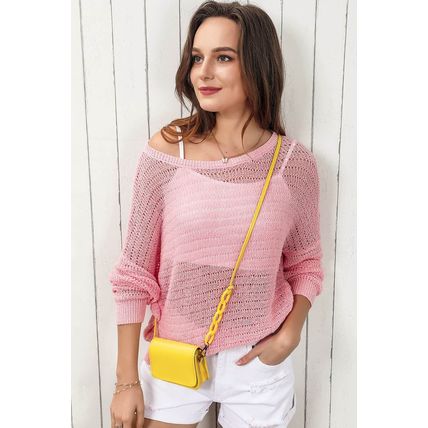 Pink Knitted Eyelets Round Neck Long Sleeve Top