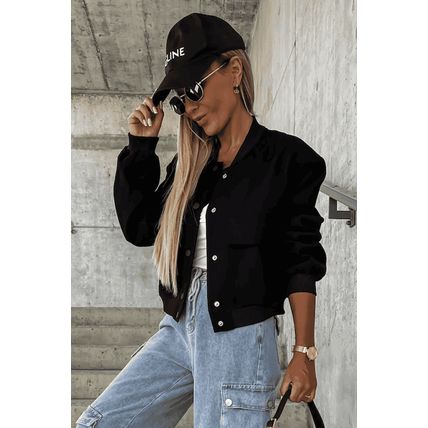 Black Big Pockets Baseball Collar Jacket