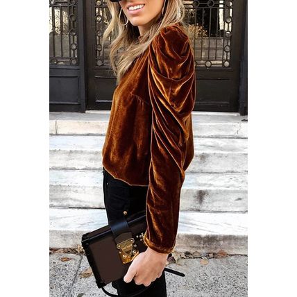 Chestnut Frilled Collar Puff Sleeve Velvet Top