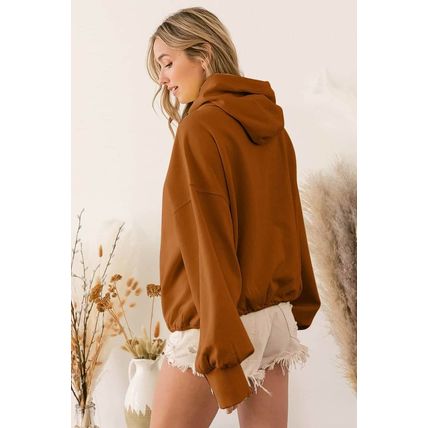 Brown Ribbed Trim Kangaroo Pocket Zipped Hoodie