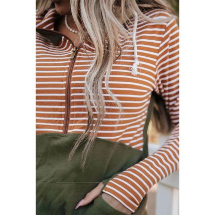 Orange Striped Color Block Patchwork Thumbhole Sleeve Hoodie